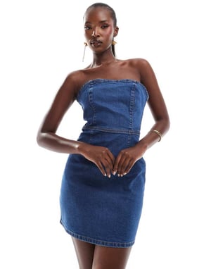 ASOS DESIGN denim bandeau bodycon mini dress in mid blue