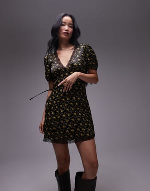 Topshop mini tea dress with lace edge in yellow ditsy