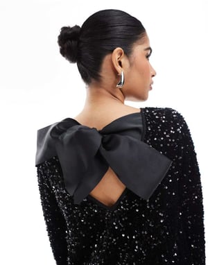 ONLY sequin back detail bow mini dress in black