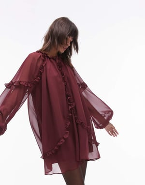 Topshop frill trapeze mini dress in burgundy