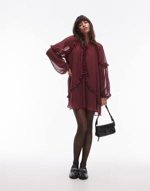 Topshop frill trapeze mini dress in burgundy