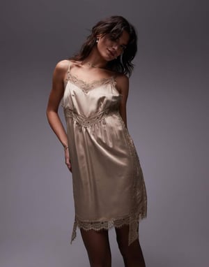 Topshop lace trim mini dress in satin soft gold