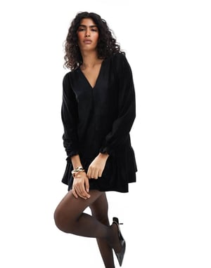 Miss Selfridge velvet rib v neck smock dress in black