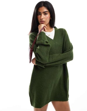 Miss Selfridge V neck slouchy mini dress in khaki