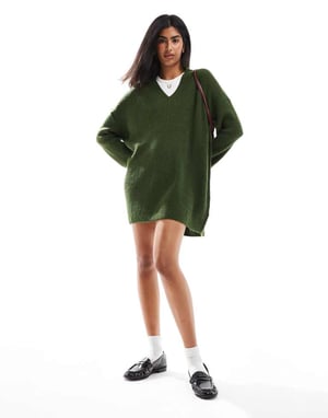 Miss Selfridge V neck slouchy mini dress in khaki