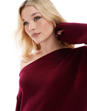 Miss Selfridge off the shoulder slouchy knit mini dress in burgundy