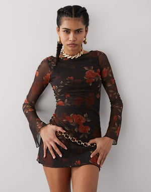 Motel Sevila long sleeve watercolour rose mini dress in black