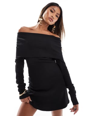 ASOS DESIGN ribbed long sleeve bardot mini dress in black