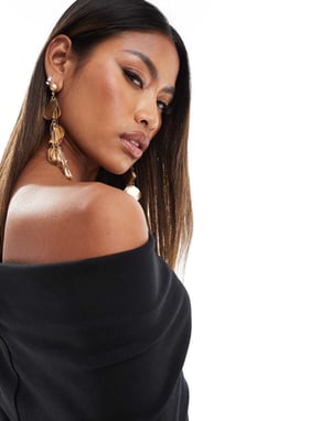 ASOS DESIGN ribbed long sleeve bardot mini dress in black
