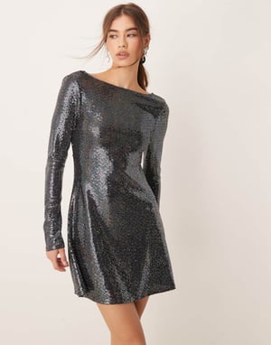 Miss Selfridge glitter sequin long sleeve flare mini dress