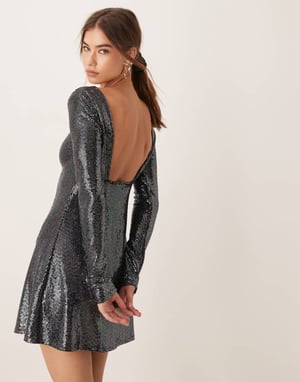 Miss Selfridge glitter sequin long sleeve flare mini dress