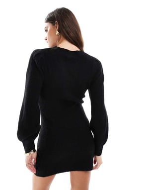 Miss Selfridge crew neck puff sleeve knitted mini dress in black