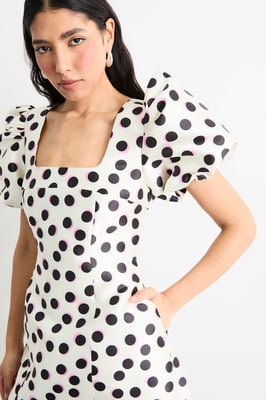 Polka Dot Puff Sleeve A-Line Mini Dress