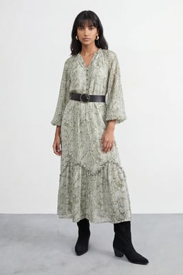 Petite Snake Print Ruffle Detail Belted Maxi Dress