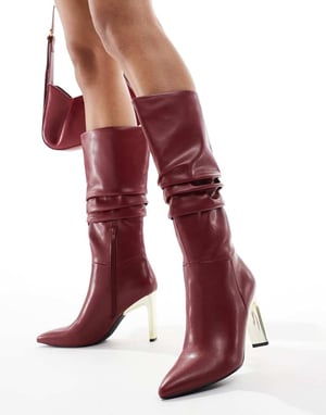Glamorous ruched knee boots with gold heel in burgundy