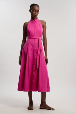 Cotton Collared Halter Neck Woven Midi Shirt Dress With Dropped Waist Detail