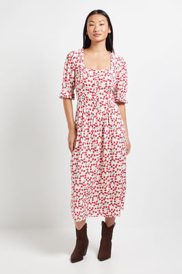 Petite Cherry Print Square Neck Frill Detail Puff Sleeve Midi Dress