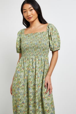 Petite Green Ditsy Shirred Bodice Puff Sleeve Midi Dress
