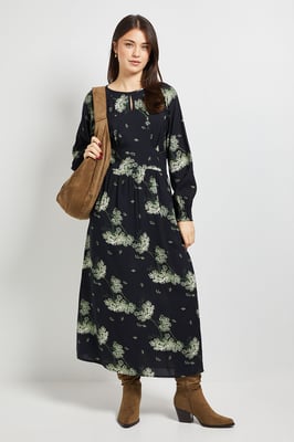 Black Floral Blouson Sleeve Keyhole Detail Midi Dress