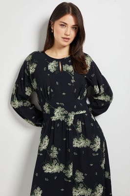 Black Floral Blouson Sleeve Keyhole Detail Midi Dress