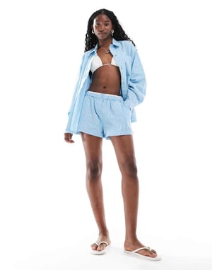 COLLUSION beach woven boxer shorts co-ord in blue stripe - LBLUE