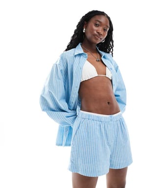 COLLUSION beach woven boxer shorts co-ord in blue stripe - LBLUE