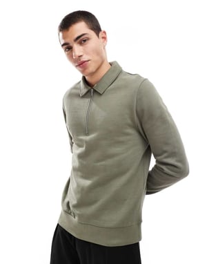 ASOS DESIGN polo sweatshirt with zip in khaki