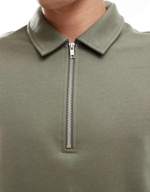 ASOS DESIGN polo sweatshirt with zip in khaki