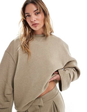 ASOS DESIGN oversized sweat with ruched sleeve detail in khaki marl