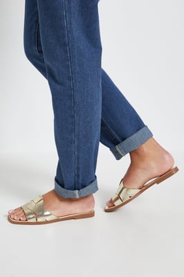 Flossy Faux Leather Interwoven Flat Sliders