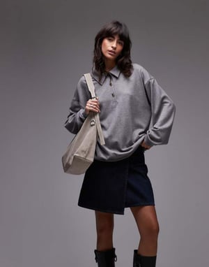 Topshop premium rib polo top in grey