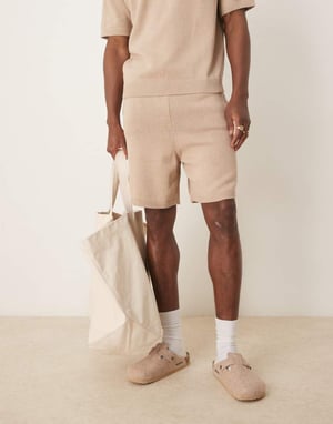 ASOS DESIGN oversized midweight knitted cotton shorts co-ord in stone