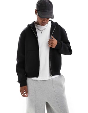 ASOS DESIGN heavyweight relaxed boxy zip through hoodie in scuba-style fabric in black
