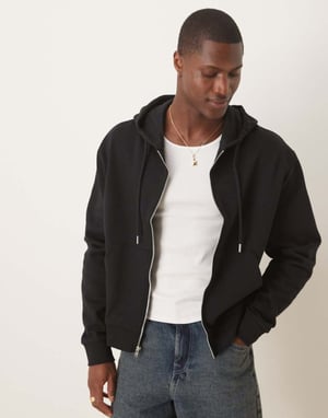 ASOS DESIGN essentials boxy relaxed zip through hoodie in black