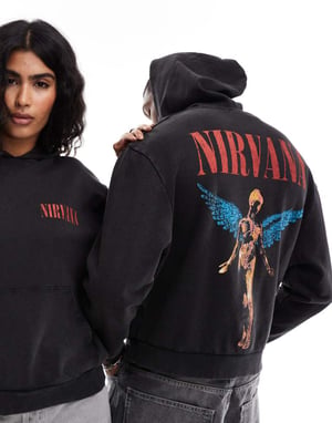 ASOS DESIGN unisex Relaxed hoodie with Nirvana prints in washed black