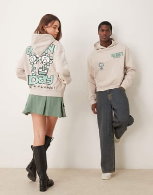 ASOS DESIGN unisex boxy oversized hoodie with Green Day prints in grey