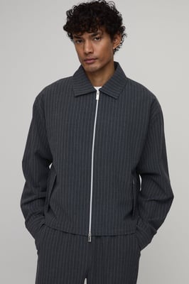Textured Stripe Double Zip Boxy Harrington Jacket Co-ord