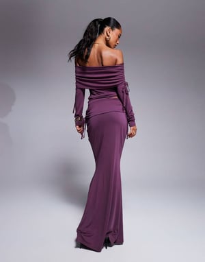 ASOS DESIGN soft handle fold over waist fishtail maxi skirt with side ruching in burgundy
