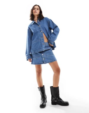 Pieces utility denim mini skirt co-ord in medium blue
