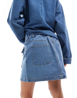 Pieces utility denim mini skirt co-ord in medium blue