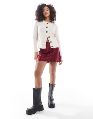 Miss Selfridge satin bias mini skirt with bow in burgundy