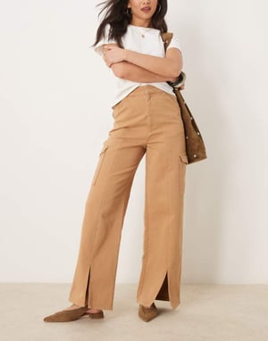 ASOS DESIGN twill cargo trouser with front slits in camel
