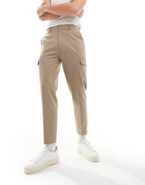 ASOS DESIGN smart tapered trouser with cargo pockets in stone