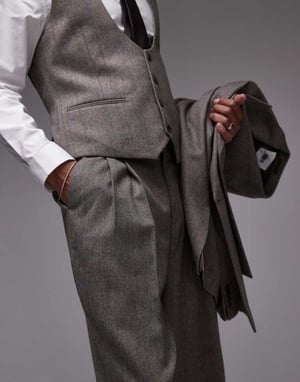 Topman premium wide leg wool mix striped herringbone suit trouser in brown