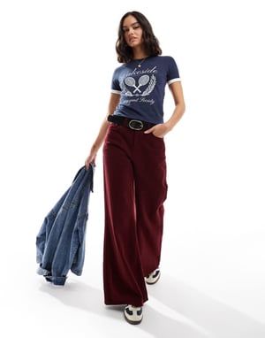 Cotton On fitted graphic longline tee in navy with lakeside graphic