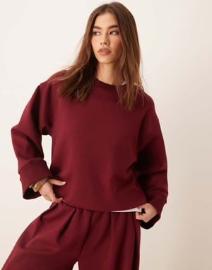 ASOS DESIGN interlock oversized crew neck top in burgundy co-ord