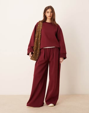 ASOS DESIGN interlock oversized crew neck top in burgundy co-ord