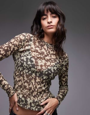 Topshop crinkle blurred abstract print long sleeve top in multi
