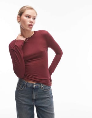 Topshop premium rib long sleeve top in burgundy
