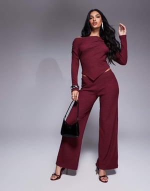 ASOS DESIGN co-ord textured wide leg trouser in burgundy